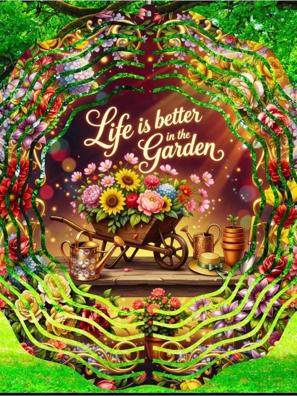Garden Wheelbarrow Floral 8 inch wind spinner - "Life is better in the Garden"